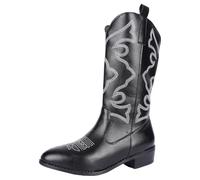 vohiko Women's Low Mid Heel Mid Calf Boots, Ladies Western Low Heel Intricate Embroidery Shoes, Western Cowgirl Pointed Toe Vintage Shoes for Women, Suitable for Everyday Outfits Year-round