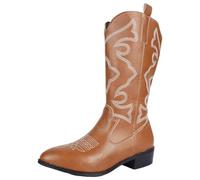 vohiko Women's Low Mid Heel Mid Calf Boots, Ladies Western Low Heel Intricate Embroidery Shoes, Western Cowgirl Pointed Toe Vintage Shoes for Women, Suitable for Everyday Outfits Year-round