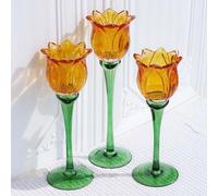 VOHO Orange Tulips Votive Candle Holders for Spring Decor, Elegant Tall Glass Candle Holder Centerpiece Table Decorations, Tulip Tealight Candle Holder for Wedding for Women(Set of3)
