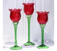 VOHO Red Tulips Candle Holders Gifts for Anniversary, Red Tealight Candle Holder for Christmas Holiday Valentines Decorations, Tulip Tea Light Candle Holders Glass Decor for Romance Tabletop(Set of3)