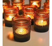 Vohocandle 12pcs Brown Tea Light Candle Holders Sunflower Embossed, Boho Tealight Holders for Party Decorations, Room Decor, Vintage Tealight Holders Glass for Wedding(5.5cm*6.5cm, W/H)