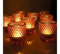 Vohocandle Amber Votive Candle Holders Set of 12, Vintage Tealight Holders Glass with Gold Rim for Wedding Home Decor, Glass Tea Light Candle Holders Birthday Gifts for Women(5.5cmL*4.5cmW*6cmH)
