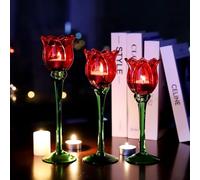 Vohocandle Red Flower Tea Light Candle Holders Gifts for Christmas Holiday, Red Tealight Holders Glass for Valentines Decorations, Tulip Tea Light Holders Glass Decor for Romance Tabletop(Set of3)