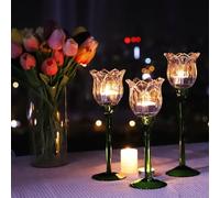 Vohocandle Tulips Tealight Holders Glass for Wedding Decor, 3pcs Varying Heights Clear Tea Light Candle Holders for Parties, House Tea Light Holders Glass for Mother's Day, Table Celebrations(Set of3)