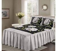 voice 7 Luxurious ROSALEEN Quilted Bedspread Floral - Valance Style 23 inch Deep Frilled Bedspread with Two Pillow Shams (Black/White, DOUBLE 3 Piece)