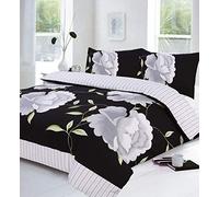 voice 7 Luxury Rosaleen Black White Duvet Set - Flowery Quilt Cover with Two Matching Pillow Cases - Floral Prints on Poly Cotton Bedding (White / Black Double Duvet Cover Set)