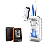 Voice Activated Windproof Dual Flame Lighter, USB Rechargeable Arc Lighter,Jet Flame and Soft Flame, Visible Transparent Window, Refillable Butane Lighter, Cool Lighters Gift for Men(Silver)