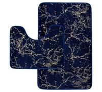 Voice7 Bathroom Mat Set, 2 Piece Non-Slip Marble Effect Design, Water Absorbent, Machine Washable & Quick Dry 50x80 cm (Navy/Gold)
