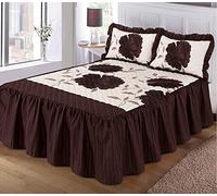Voice7 Luxurious ROSALEEN Quilted Bedspread Floral - Valance Style 23 inch Deep Frilled Bedspread with Two Pillow Shams (Chocolate, Double 3 Piece Set)