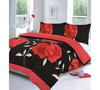 Voice7 Luxury Rosaleen Red/Black Duvet Set - Duvet Quilt Cover Plus Two Pillow Cases - Poly Cotton Sophisticated Bedding Set (Flowery Double Duvet Cover Set)