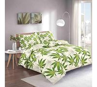 Voice7 Reversible Cannabis Duvet Cover + Two Pillow Cases - 3 Piece Leaf Weed Bedding Set (Cream Green, Double)