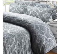 Voice7 Teddy Fleece Duvet Cover Set - Kingsize Embossed Quilt Cover + Matching Pillow Cases - Soft Snugly & Warm Damask Design (Silver)