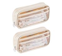 Voihamy Large Capacity Organizer Bag | Half-Transparent Pencil Pouch | Aesthetic Beige White Pencils case | Cute Clear Pencil case for Girls | School Pencil and Storage case for Student