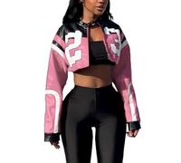 VOIKERDR Leather Jacket Cropped Jacket Motorcycle Jacket Y2K Letter Bomber Jacket Women Faux Leather Jacket Streetwear, T Pink, Small