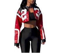 VOIKERDR Leather Jacket Cropped Jacket Motorcycle Jacket Y2K Letter Bomber Jacket Women Faux Leather Jacket Streetwear, Red, Small