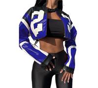 VOIKERDR Leather Jacket Cropped Jacket Motorcycle Jacket Y2K Letter Bomber Jacket Women Faux Leather Jacket Streetwear, T Blue, X-Large