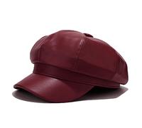 Voilipex Womens PU Leather Newsboy Cap 8 Panel Paperboy Newsie Cap Bakerboy Beret Cabbie Hat, Wine Red, One Size