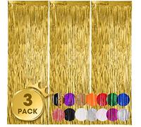 Voircoloria 3 Pack 3.3x8.2 Feet Gold Foil Fringe Backdrop Curtains, Tinsel Streamers, Fringe Backdrop for 2025 New Years Eve, Graduation, Birthday, Baby Shower, Gender Reveal, Disco Party