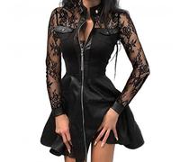 VOIV Spring Autumn Fashion High Waist Dress Stand Collar Lace Patchwork A-Line Dress Elegant Zipper Pu Leather Dresses For Women
