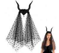 Vojutao Gothic Sheep Horn Headband with Dotted Mesh Veil - Black Devil Horn Hairpiece for Gothic Costumes, Demon Cosplay, Masquerade Party, and Spooky Photos
