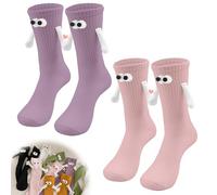 Vokmon 2 Pairs Magnetic Socks Hold Hands Magnet Holding Hands, Couple hands Suction Sock That for Friends Couple, Hand in Funny 3D Doll (Pink Purple)