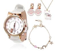 Vokmon 4 Pcs Kids Cat Watch Girls Watch Children Watches Girls Age 5-16 Cat Cartoon Quartz Leather Watches Beaded Charm Chain Bracelets Cute Necklace Cartoon Ear Clip Gifts for Girl