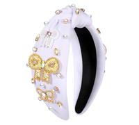 vokone Bow Headband Gold Bow Sequin Headband Jeweled Crystal Embellished Knotted Headband Wide Statement Hairband Hair Accessories White