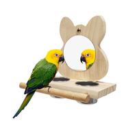 Vokowin Bird Perch with Mirror and Stainless Steel Feeding Cups, Wooden Parrot Mirror Toy for Cage, Bird Food Water Feeder Perches for Budgie, Parakeet, Parrot Interactive Play Toys (K339-1)