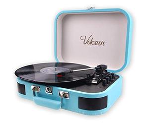 VOKSUN Portable Record Player, Vintage Vinyl Player Suitcase with Built-in Speakers & Bluetooth, 3-Speed Belt-Drive Turntable, Supports MP3 Recording via USB, AUX/RCA/Headphone Jack,Blue