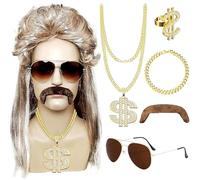Vokuhila Wig, 6 Mullet Wig Men, Men Blonde Mullet 80s Wig, Blonde Wigs Sunglasses Necklace Beard, 80s Outfit Men for Carnival, Theme Party, Cosplay, Party