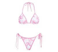 VOLAFA Women's Triangle Bikini Set String Swimsuit Print Tie Smocked Ruched Two Piece Bathing Suit, Pink White Floral, 4
