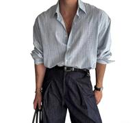 Volakebeing Polyester Men Casual Shirt Striped Lapel Collar | Polyester fabric, lightweight, breathable, easy care, black beige blue options