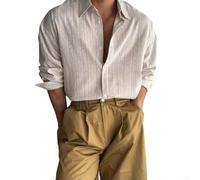 Volakebeing Polyester Men Casual Shirt Striped Lapel Collar | Polyester fabric, lightweight, breathable, easy care, black beige blue options