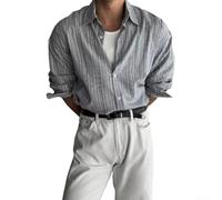 Volakebeing Polyester Men Casual Shirt Striped Lapel Collar | Polyester fabric, lightweight, breathable, easy care, black beige blue options