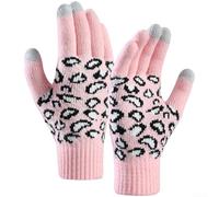 Volakebeing Women's Leopard Knit Gloves Screen Touch Fleece Lined | Conductive fingertips, easy phone use, soft acrylic blend, fleece warmth, for slim non-bulky fit