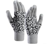 Volakebeing Women's Leopard Knit Gloves Screen Touch Fleece Lined | Conductive fingertips, easy phone use, soft acrylic blend, fleece warmth, for slim non-bulky fit