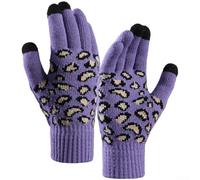 Volakebeing Women's Leopard Knit Gloves Screen Touch Fleece Lined | Conductive fingertips, easy phone use, soft acrylic blend, fleece warmth, for slim non-bulky fit