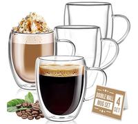 Volarium CRYSTALIA Double Walled Coffee Glasses 350ml Set of 4, Insulated Cappuccino Latte Macchiato Mugs with Handle, Heat Resistant Borosilicate Glass Cups for Hot & Cold Drinks