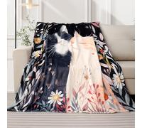 Volatumy Cute Cat Throw Blanket for Cats Lover Floral Plant Bed Blanket Moon and Star Blankets Cozy Fuzzy Plush Throw Blanket for Couch Chair