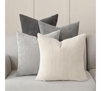 Volcanics 4 Packs Grey Cushion Covers 45x45 cm (18x18 Inch) for Living Room Couch Bed Sofa, Rustic Farmhouse Boho Home Decor, Soft Plush Striped Corduroy Square Throw Pillow Covers