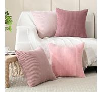 Volcanics 4 Packs Pink Cushion Covers 45x45 cm (18x18 Inch) for Living Room Couch Bed Sofa, Rustic Farmhouse Boho Home Decor, Soft Plush Striped Corduroy Square Throw Pillow Covers