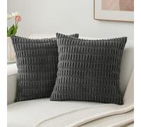 Volcanics Pack of 2 Corduroy Decorative-Throw-Pillow-Covers-18x18, Soft Striped Square Cushion Cases, Modern Farmhouse Boho Home Decor, Dark Grey