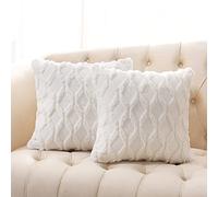 Volcanics Set of 2 Faux Wool Decorative Cushion Covers Soft Plush Square Boho Throw Pillow Cases Velvet Pillow Shell for Sofa Bedroom White 45x45 cm (18x18 inch)