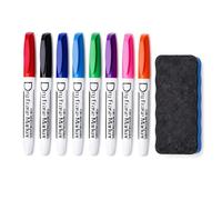 Volcanics Whiteboard Pens 8 Pack, Fine Tip Dry Erase Markers with Magnetic Whiteboard Eraser, Assorted Colours, Low Odour White Board Pens for Office, School, Home and Classroom