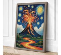 Volcano Beneath Twin Moons Canvas Wall Art Print 24x16 Inch (61 x 41 cm)