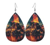 volcano Printed Water Drop Earrings, Lightweight Leather Teardrop Dangle for Date and Party