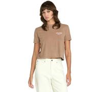 Volcom Women's Dial Crop Organic Cotton T-Shirt - Relaxed Fit, Enzyme Washed, Chest Pocket, Striped Interior Neck Tape, Hazelnut, XS
