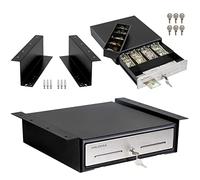 Volcora Cash Register Drawer with Under Counter Mounting Bracket - 13" Cash Drawer for POS, Stainless Steel Front 4 Bill 5 Coin Cash Tray, Removable Coin Tray, 24V RJ11/RJ12 Key-Lock, 2 Media Slots