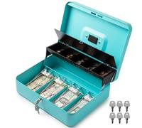 Volcora Large Cash Box with Key Lock, Metal Money Box for Cash, Portable Locking Safe Box with Money Tray, Durable Money Saving Organizer for Yard Sale, Garage Sale, Small Business, Cyan