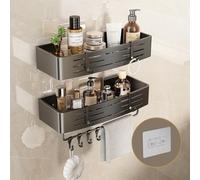Voldra Shower Caddy No Drilling, Adhesive Bathroom Shelves Shower Storage Wall Mounted Stick On Bathroom Caddy Shower Organiser Rack With 8 Removable Hooks and Towel Bar(2 Pack, Grey)